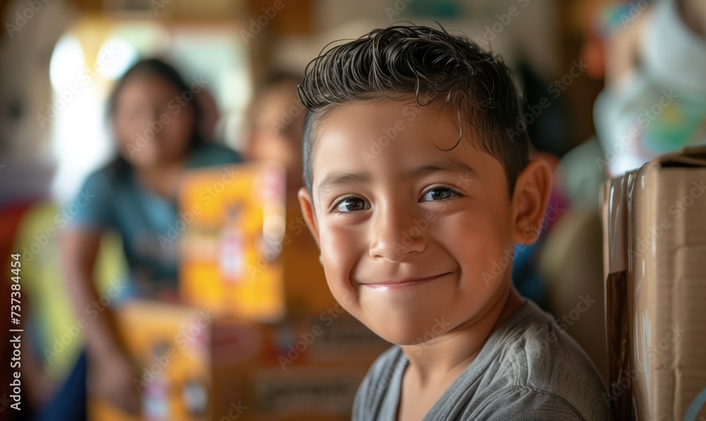 Relocation real estate sale concept for latino or hispanic family unpacking cardboard boxes in their new home and cheerful boy smiling at camera - obrazy, fototapety, plakaty 