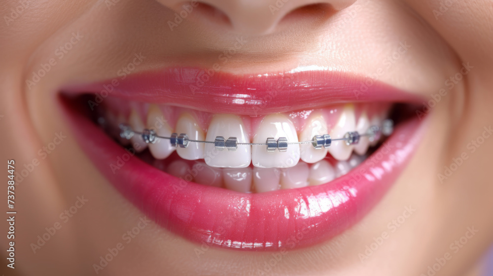 Close-up of a smiling mouth with orthodontic braces on the teeth, indicating dental care and the process of aligning teeth for a healthy smile. Close-up of a smiling mouth with orthodontic braces on the teeth, indicating dental care and the process of aligning teeth for a healthy smile.