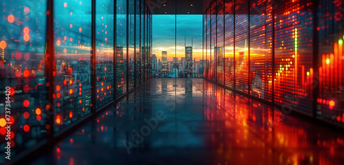 Background with lights. Terminal, hall, office with a view of the city and virtual stock charts. Data analysis concept. © michalsen
