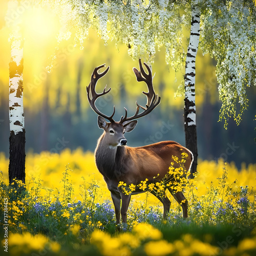  deer in a sunny forest clearing.