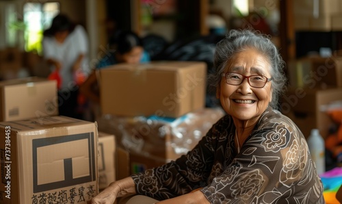 Relocation real estate sale concept senior retired asian woman relocating and unpacking or packing cardboard boxes in her new home smiling at camera with toothy smile photo