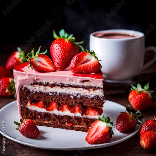 Delicious strawberry chocolate cake and coffee on the table.