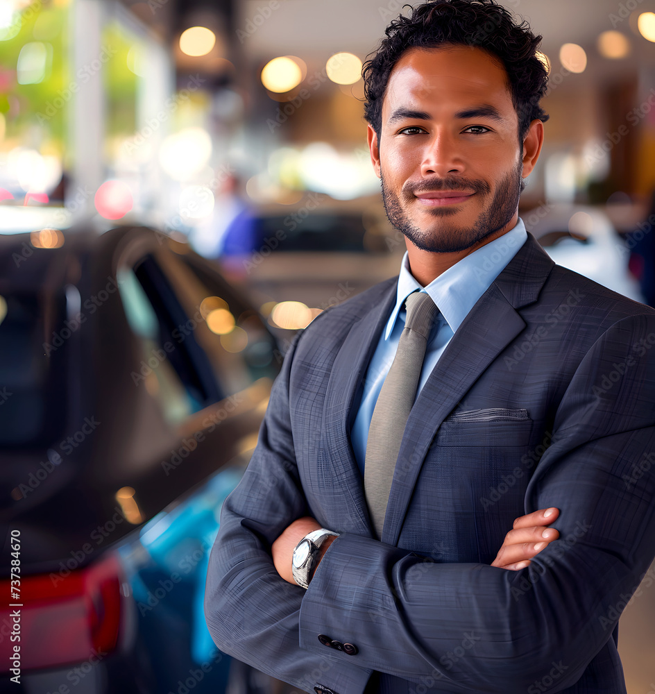 Car salesman in a suit standing in a parking lot. Ai generated.