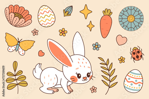 Happy Easter vector set. White bunny. Cute rabbit whis flowers and plants, eggs, carrot, butterfly and ladybug. Trendy doodle flat style vector set. Perfect For Poster, Tshirt Print or Greeting Card.