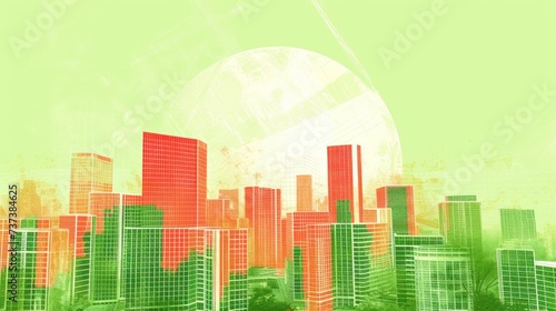 a digital painting of a cityscape with a large white ball in the middle of the picture and a green and orange background.