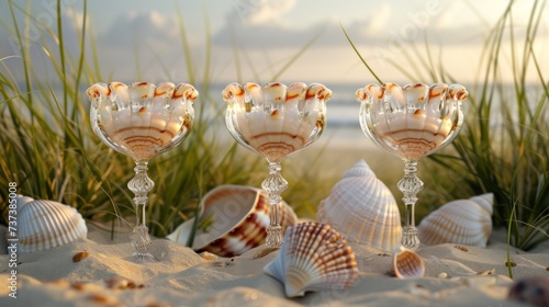 a group of wine goblets sitting on top of a beach next to a bunch of seashells. photo
