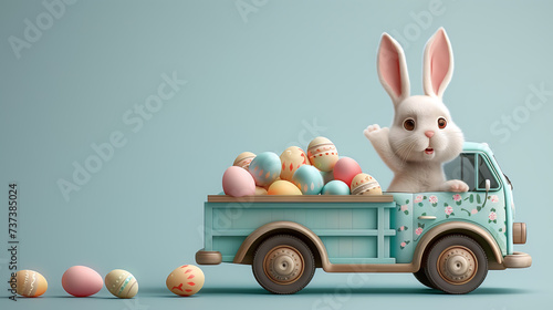 A conceptual image of the Easter bunny driving a delivery truck filled with Easter eggs in the bed