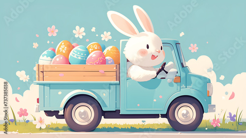 A conceptual image of the Easter bunny driving a delivery truck filled with Easter eggs in the bed.
