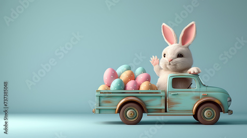 A conceptual image of the Easter bunny driving a delivery truck filled with Easter eggs in the bed