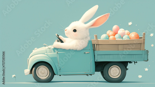 A drawing of the Easter bunny driving a delivery truck filled with Easter eggs.