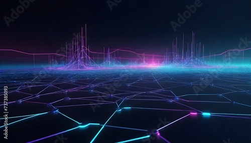 A neon grid landscape with vibrant blue and pink lines against a dark background, representing a digital environment