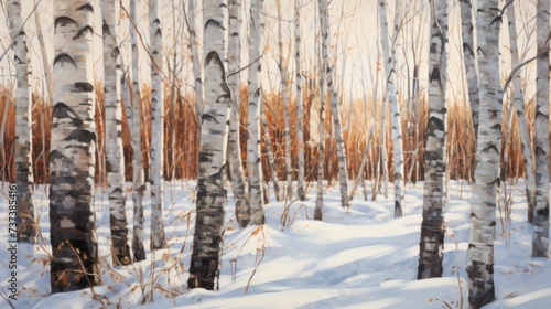 a painting of a snowy forest with trees in the foreground and snow on the ground in the foreground. photo