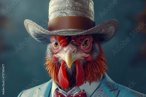 Rooster gentleman in a suit, tie, hat and glasses on a black background. AI generated. photo