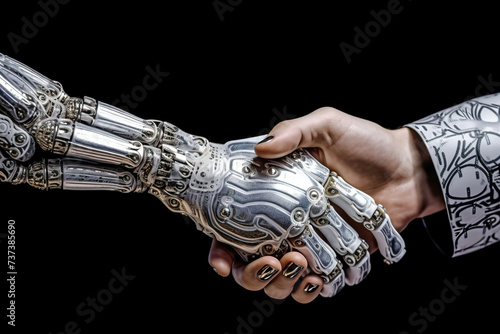 Handshake of a man with an android, robotic artificial intelligence of a cyborg. AI generated. © Serhii