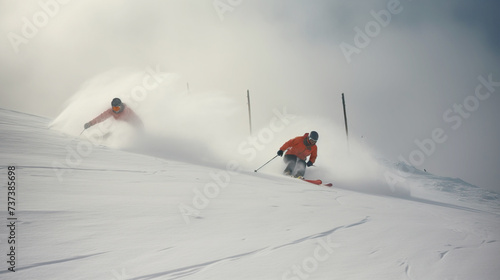 Group of skiers athletes compete going down from ski mountain. AI generated.