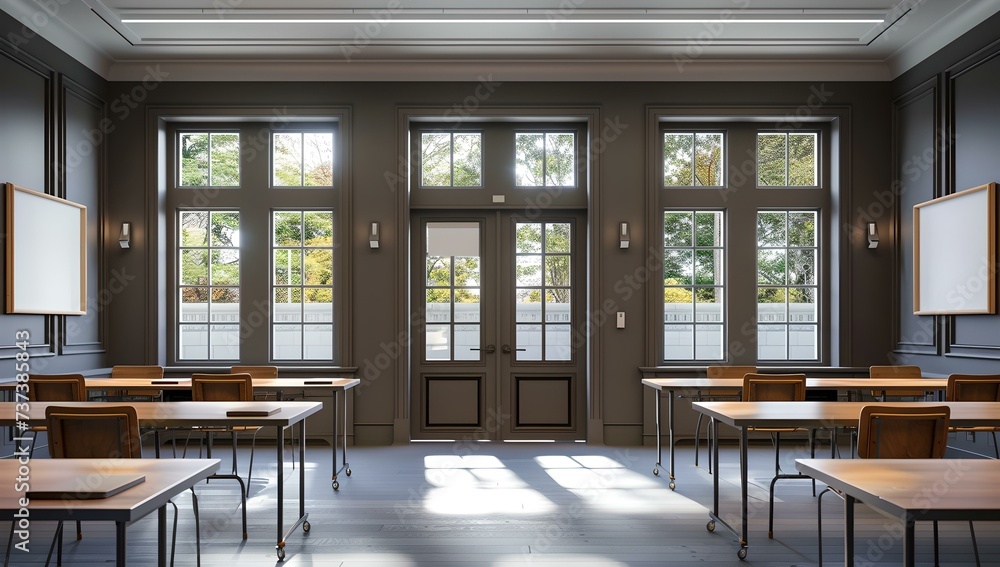 Spacious classroom interior with wooden desks and natural light streaming in through tall windows. tranquil learning environment. AI Spacious classroom interior with wooden desks and natural light streaming in through tall windows. tranquil learning environment. AI