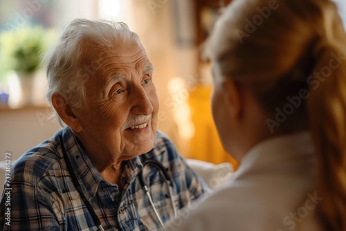 A healthcare worker attending to a senior citizen resident, engaged in conversation, in a domestic living space. photo