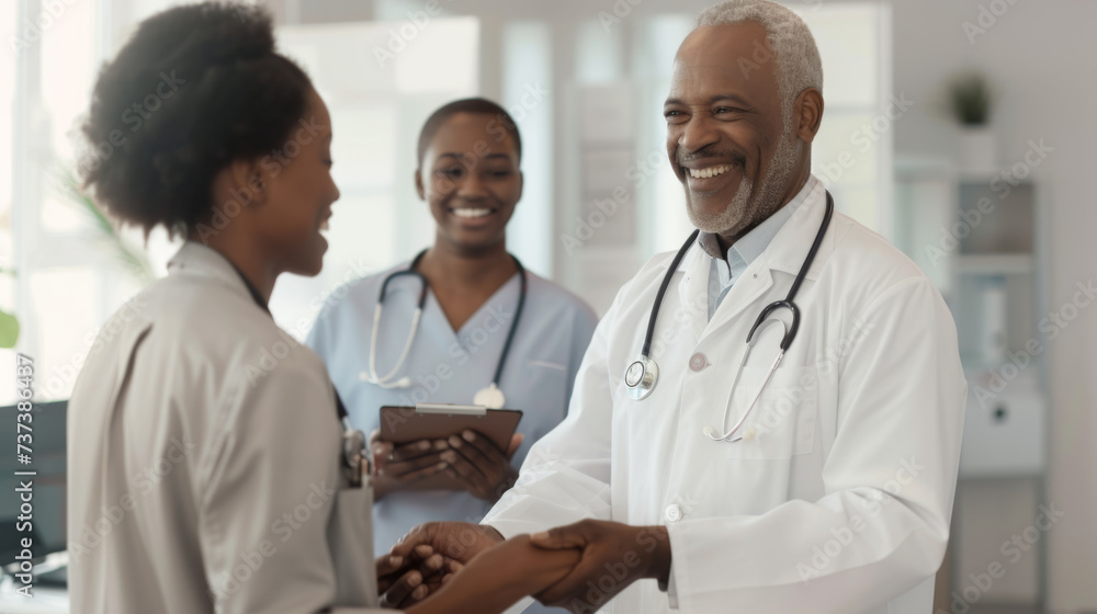 Fototapeta premium An experienced doctor is greeting a patient with a handshake in a hospital setting, displaying trust and a warm welcome, with smiling healthcare staff in the background.
