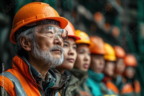 A small group of construction workers wearing hard hats and safety gear while performing tasks at a construction site.