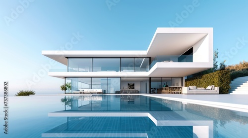 A sleek, modern luxury home featuring expansive glass walls, minimalist design, and an inviting infinity pool with a clear blue sky background. © Thanaphon