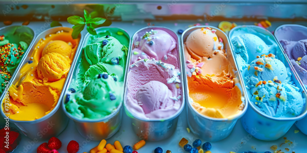 rainbow ice cream in various containers, colorful ice cream