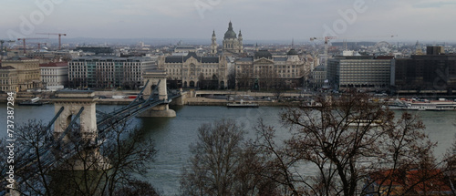 View of the river in the city. Panorama of the old town center by the river. Budapest, Hungary.