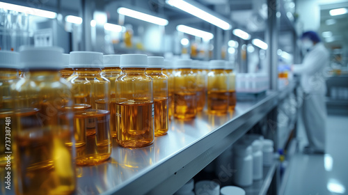 Row of bottles filled with liquid on laboratory shelf