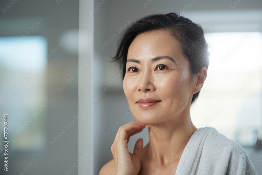 Beautiful Asian mid age adult 50 years old woman standing in bathroom after shower with copyspace. Beautiful Asian mid age adult 50 years old woman standing in bathroom after shower with copyspace.