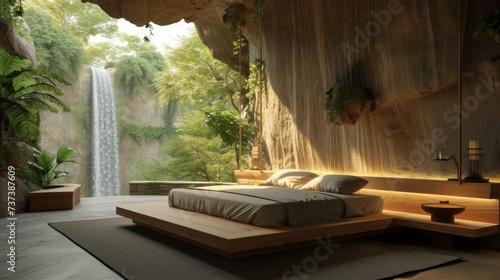 Mountain Waterfall Cave Interior - Mountain Cave Bed Room Backdrop - Beautiful Bright Bed Room Indoor Background - Waterfall Mountain Cave Bed Room Design created with Generative AI Technology