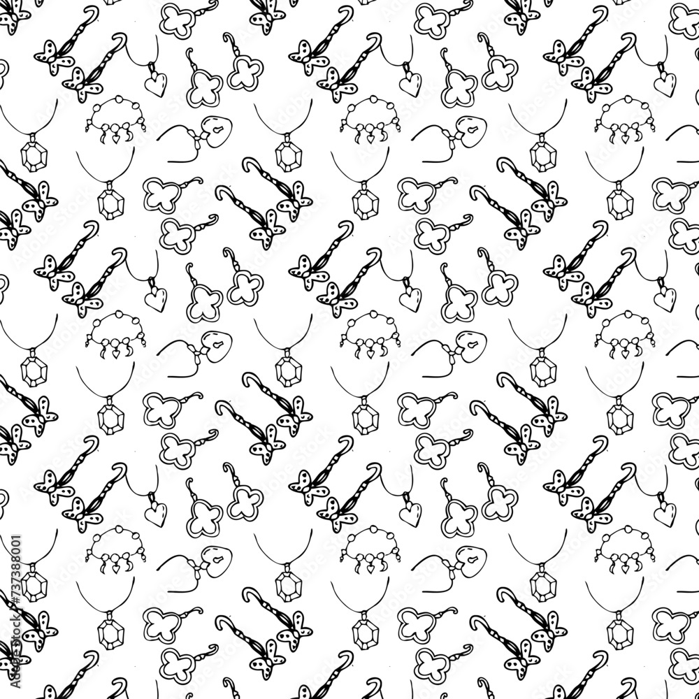 Seamless pattern of sketches various female jewerly with diamond and pearl. Vector illustration isolated. Can used for textile, wrapping paper, cover design, beauty background. Seamless pattern of sketches various female jewerly with diamond and pearl. Vector illustration isolated. Can used for textile, wrapping paper, cover design, beauty background.