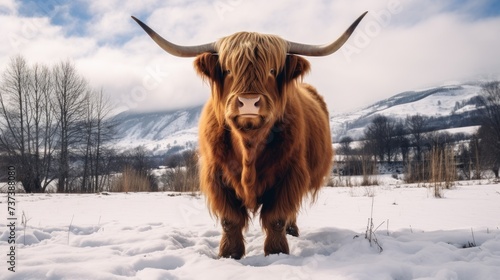 a yak with long horns standing in a snow covered field with a mountain in the backgroup.