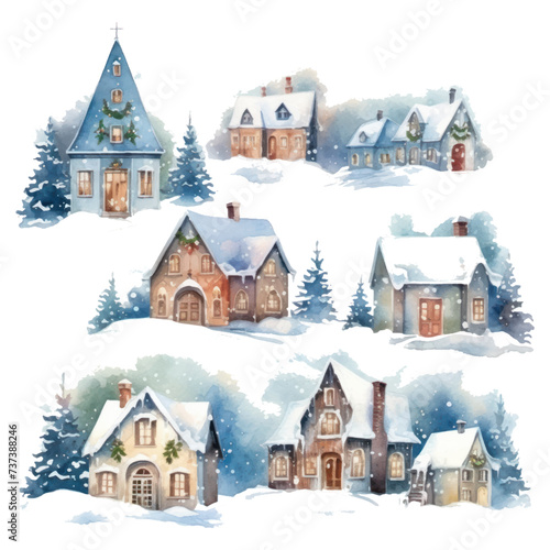 Christmas house in the snow watercolor Illustration for greeting cards, printing and other design projects. © Sachchakorn