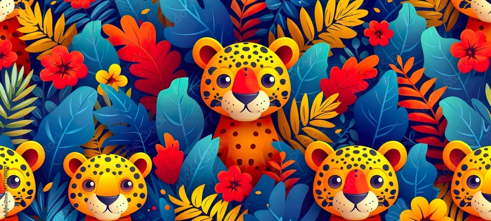 Fototapeta premium Modern seamless tropical colorful pattern with abstract jaguars and tigers