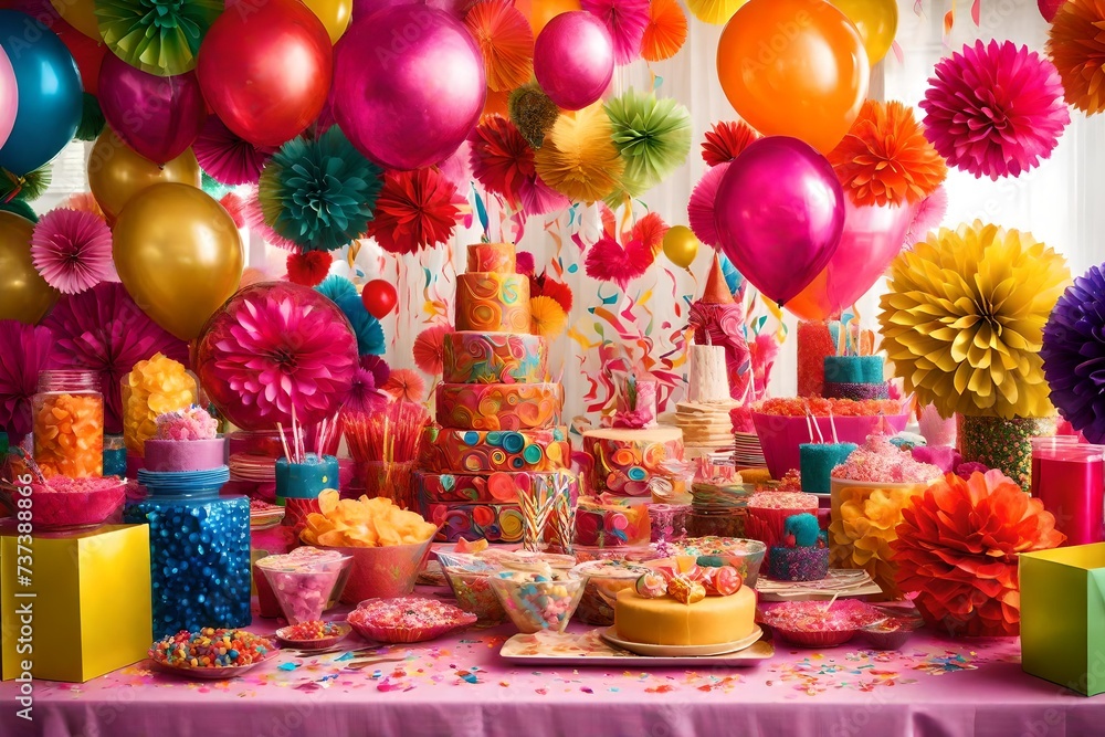 In the heart of a lively and exuberant birthday celebration, a colorful array of party favors and decorations comes together to create an atmosphere of pure joy and festivity. In the heart of a lively and exuberant birthday celebration, a colorful array of party favors and decorations comes together to create an atmosphere of pure joy and festivity.