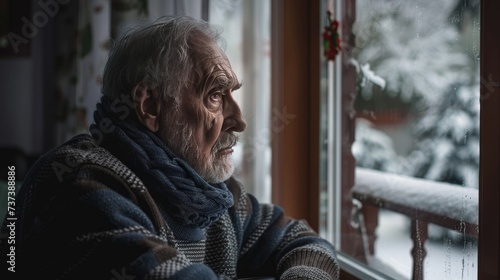take care elderly. elderly senior male depressed at nursing home living room on quarantine looking out window feeling sad missing unhappy thoughtful in mental health care in older people © Ilmi