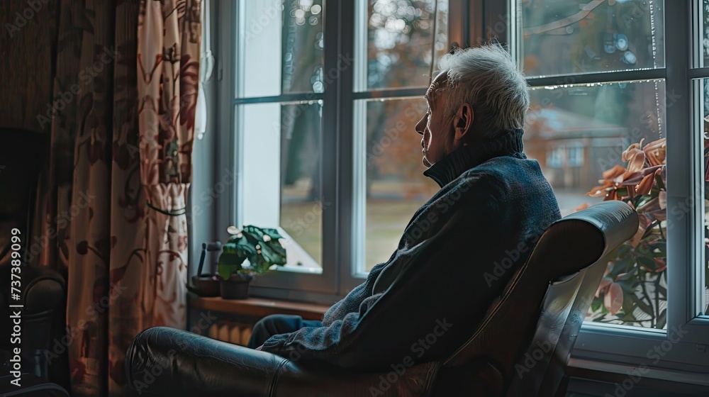 take care elderly. elderly senior male depressed at nursing home living room on quarantine looking out window feeling sad missing unhappy thoughtful in mental health care in older people - obrazy, fototapety, plakaty 