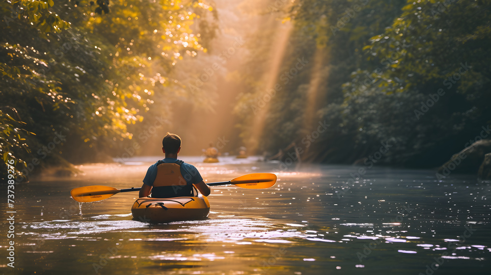 A person is canoeing in a river with trees on both sides. A person is canoeing in a river with trees on both sides.