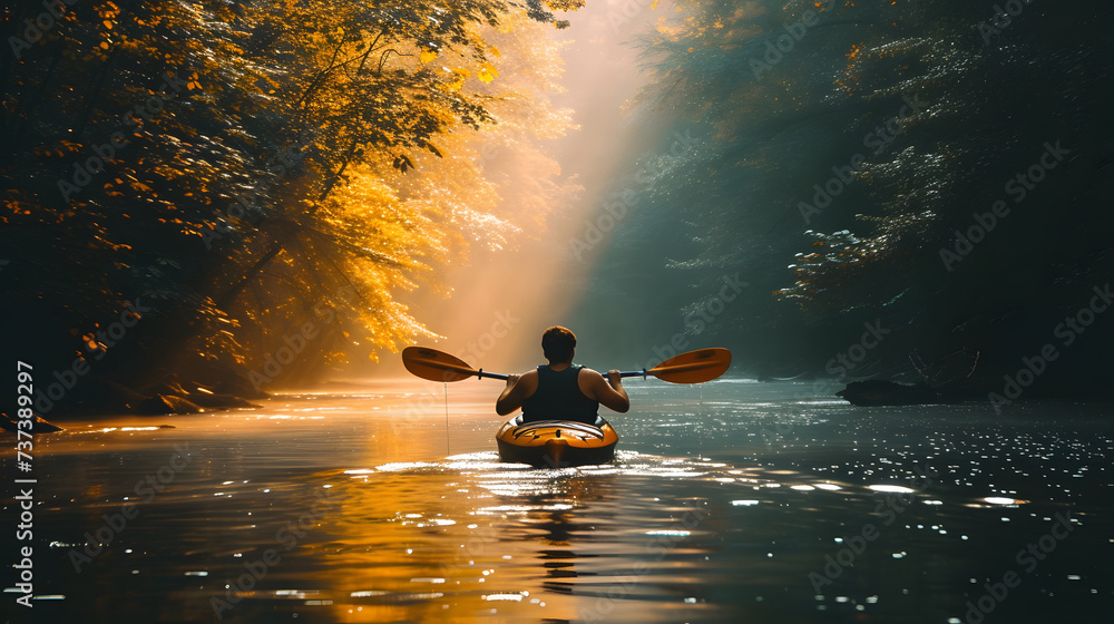 A person is canoeing in a river with trees on both sides. 