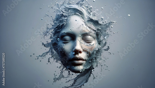 A conceptual portrait of a woman's face merging with water, the fluidity of the water symbolizing both tranquility and transformation.Digital art concept. AI generated.