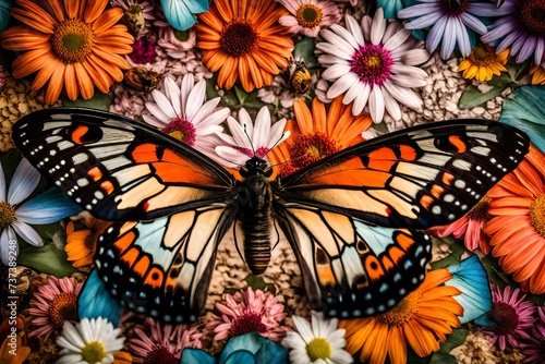 A close-up of the intricate patterns on the wings of a butterfly resting on a bed of colorful flowers.