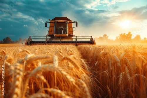 The combine harvests the crop on the field. Background with selective focus and copy space