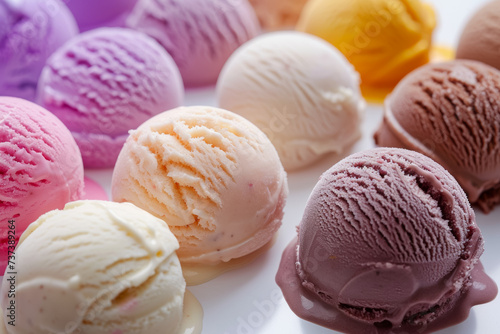 A set of scoops of different ice creams. Background with selective focus and copy space