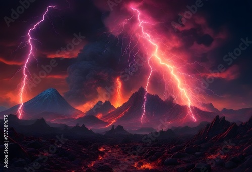 A volcanic landscape with multiple erupting volcanoes, lightning strikes, and a fiery red and purple sky