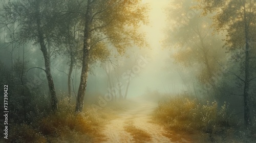 a painting of a foggy forest with a dirt road in the foreground and trees on either side of the road.