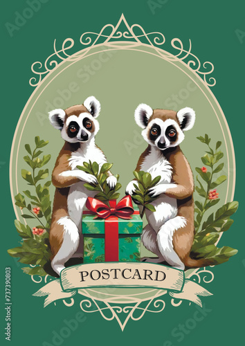 two lemurs with leaves and gift retro vintage vector illustration greeting card