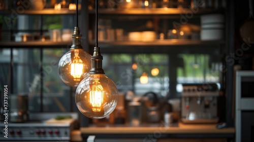 three light bulbs hanging from the ceiling of a kitchen with a stove and counter top in front of a window. photo