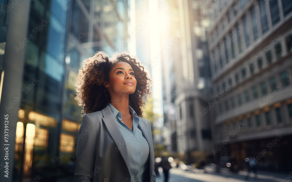 Young African-American woman stands with her arms crossed in the city against the backdrop of tall skyscrapers and looks away. Career and successful life concept Young African-American woman stands with her arms crossed in the city against the backdrop of tall skyscrapers and looks away. Career and successful life concept