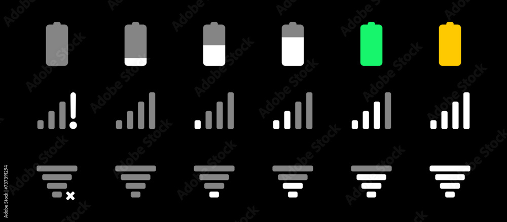 Battery, Mobile network signal and Wi-Fi icon set in dark mode with vertical battery modern colorful. Status bar symbol modern, simple, vector, icon for website design, mobile app, Ui. Vector	