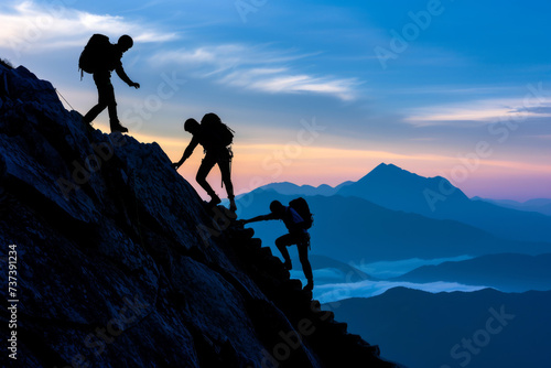 A group of hikers team with backpacks helping each other hike up a mountain. Adventurous lifestyle. Teamwork concept.