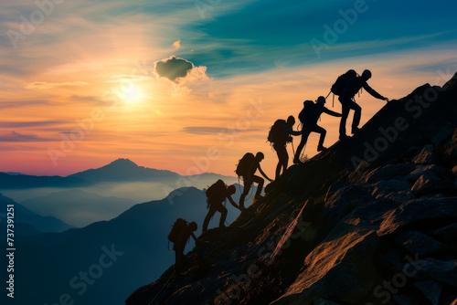 A group of hikers team with backpacks helping each other hike up a mountain. Adventurous lifestyle. Teamwork concept. © somsuda